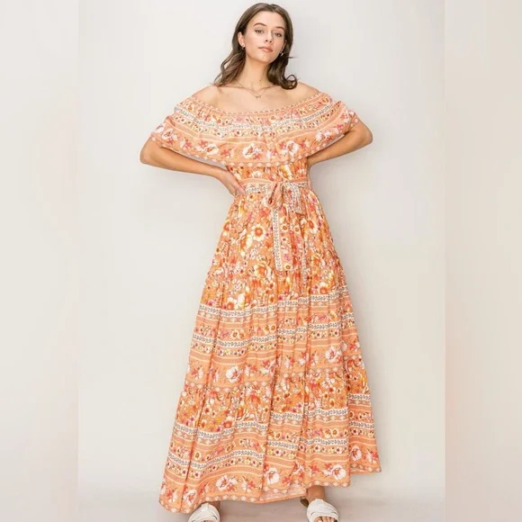 Off the Shoulder Floral Orange Maxi Dress NWT - Picture 3 of 10